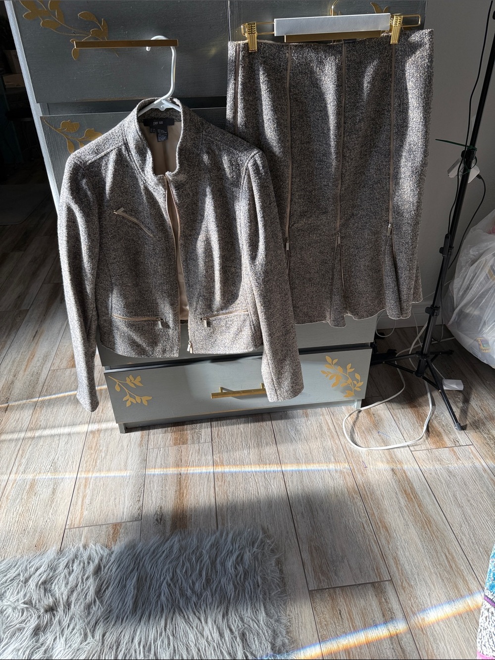 Per Se Neutral Tweed Zip Jacket & Skirt
